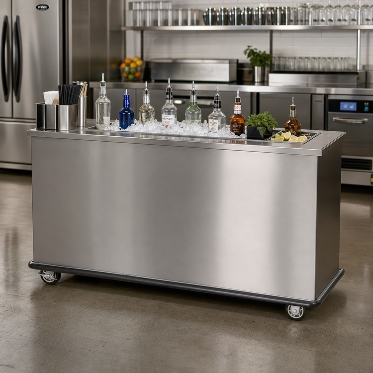 Product image #2 for FWE SBBC-5 Stainless Steel Mobile Bar with 50 lb. Ice Bin and Sealed-In Cold Plate