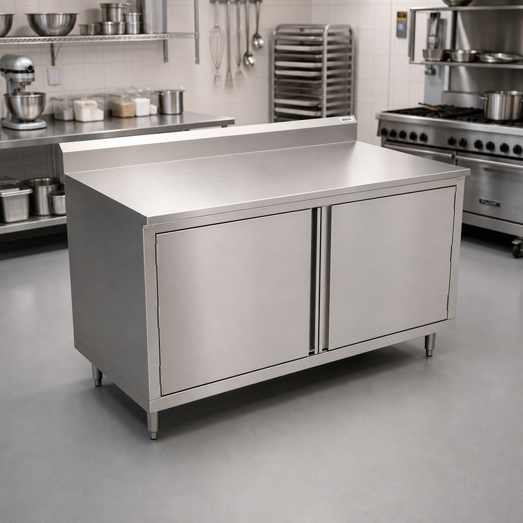Product image #2 for John Boos 72 Inch x 36 Inch Enclosed Work Table with Cabinet Base, Hinged Doors, and 5 Inch Backsplash