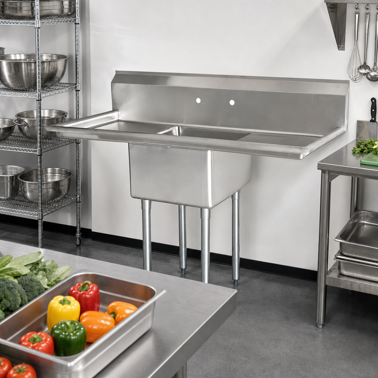 Product image #2 for Commercial 54-Inch Wide 1-Compartment Pot Sink with Left and Right Drainboards, 304 Stainless Steel