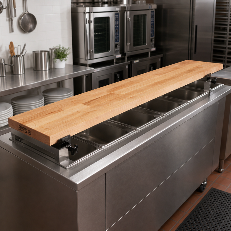 Product image #2 for John Boos 96-Inch Steam Table Cutting Board, Edge Grain Northern Hard Rock Maple with Adjustable Stainless Steel Supports