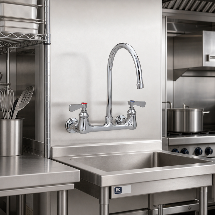 Product image #2 for BK Resources OptiFlow Heavy-Duty Splash-Mounted Gooseneck Faucet, 8-Inch Centers, 3-Inch Spout