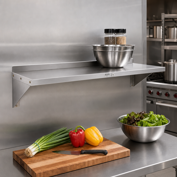 Product image #2 for John Boos Stallion 24" x 16" Wall-Mounted 430 Stainless Steel Shelf with Safety Edge