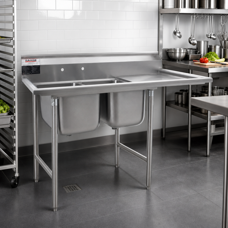 Product image #2 for Eagle Group 69-Inch Two-Compartment Stainless Steel Sink with Right Drainboard and Backsplash
