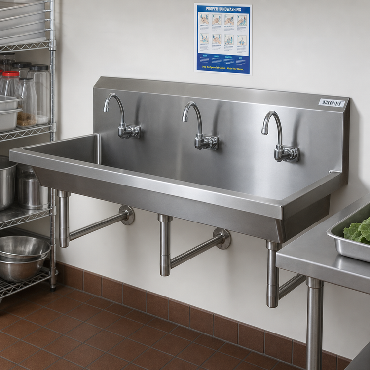 Product image #2 for BK Resources Three Station Wall Mounted Hand Wash Sink, 72-Inch 304 Stainless Steel