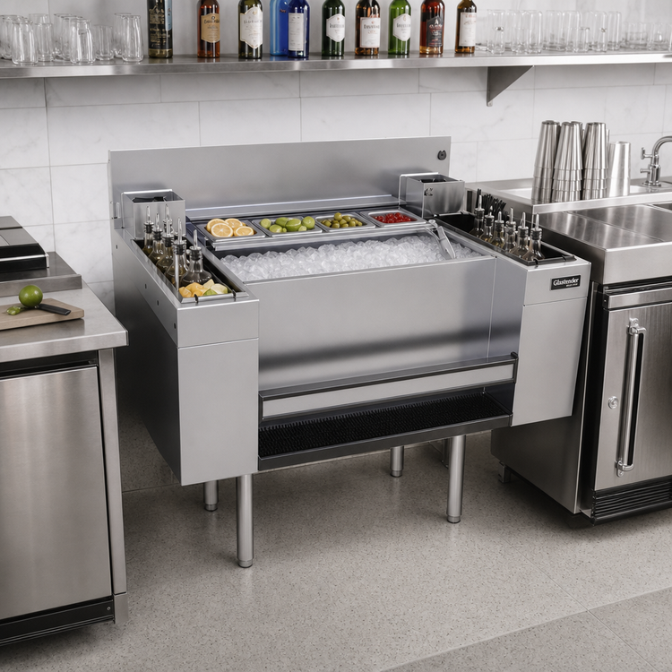 Product image #2 for Glastender Casino Style Underbar Combo Ice Bin and Cocktail Station with Bottle Wells and 10-Circuit Cold Plate, 36 Inch
