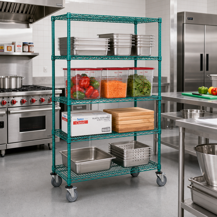 Product image #2 for Quantum 36 x 24 x 69 Inch 4-Shelf Mobile Wire Shelving Cart with Green Epoxy Antimicrobial Coating