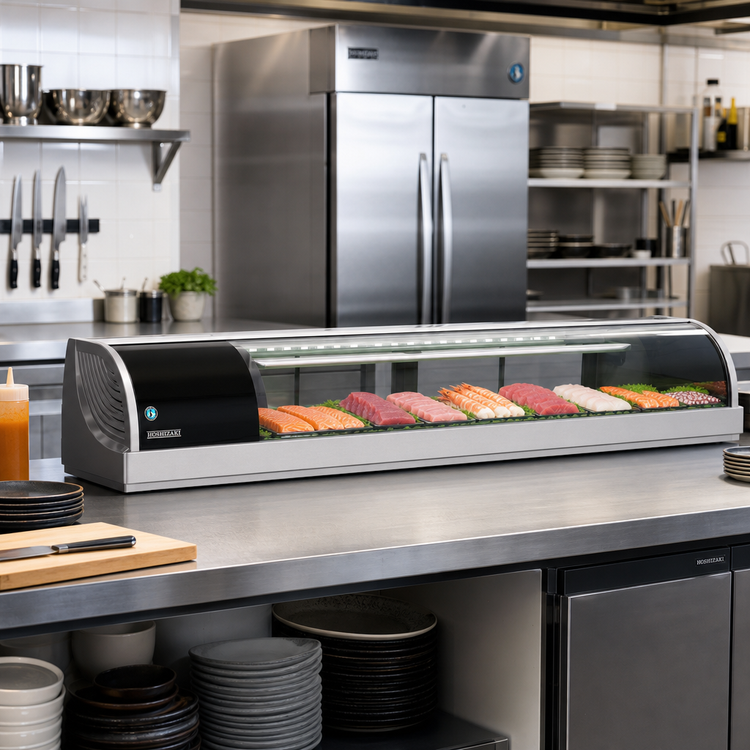 Product image #2 for Hoshizaki Countertop Refrigerated Sushi Display Case with Curved Glass, Sliding Service Doors, and Left-Side Self-Contained Refrigeration, 59.1 Inches Wide