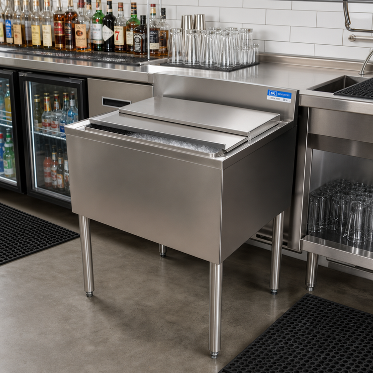 Product image #3 for BK Resources 36" x 21" Underbar Insulated Stainless Steel Ice Bin with Sliding Cover, 120 lb Capacity