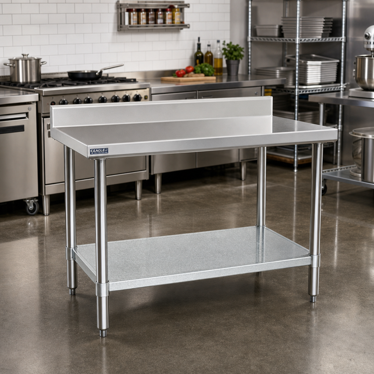 Product image #2 for Eagle Spec-Master Marine Series 48 x 24-Inch 14-Gauge 300 Series Stainless Steel Work Table with 4-1/2-Inch Backsplash and Galvanized Undershelf