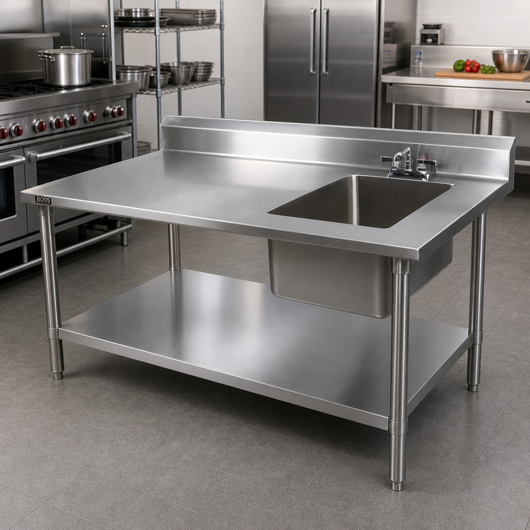 Product image #2 for John Boos 60-Inch x 30-Inch Stainless Steel Prep Table With Right Sink Bowl, Backsplash, and Undershelf