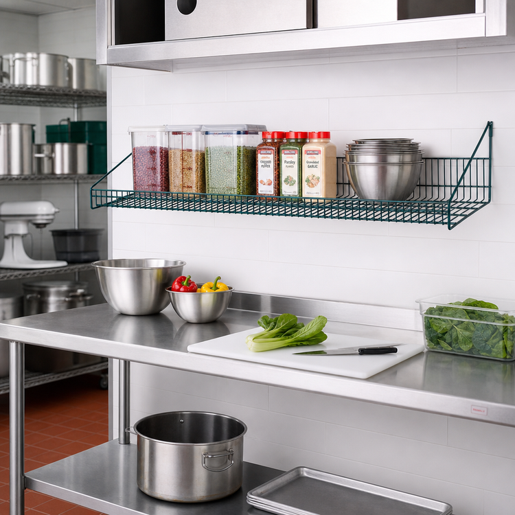 Product image #2 for Quantum Store Grid Wire Shelf with Retaining Front Edge, 48-Inch x 18-Inch, Green Epoxy Antimicrobial Finish