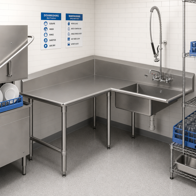 Product image #2 for John Boos Pro-Bowl Corner Soiled Dishtable with 20 x 20 x 8 Inch Sink Bowl, 60-Inch Machine-to-Corner x 48-Inch Corner-to-End, Left-to-Right