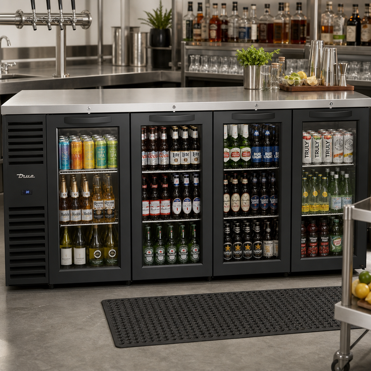 Product image #2 for True Premier Bar Four-Section Refrigerated Back Bar Cooler with Locking Glass Doors, 108-Inch, Stainless Steel Top