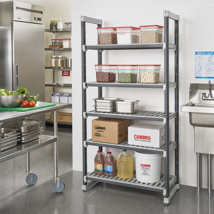Product image #2 for Cambro Camshelving Elements XTRA 5-Tier Vented Stationary Starter Polymer Shelving Unit, 21-Inch Deep x 30-Inch Wide x 64-Inch High, Speckled Gray