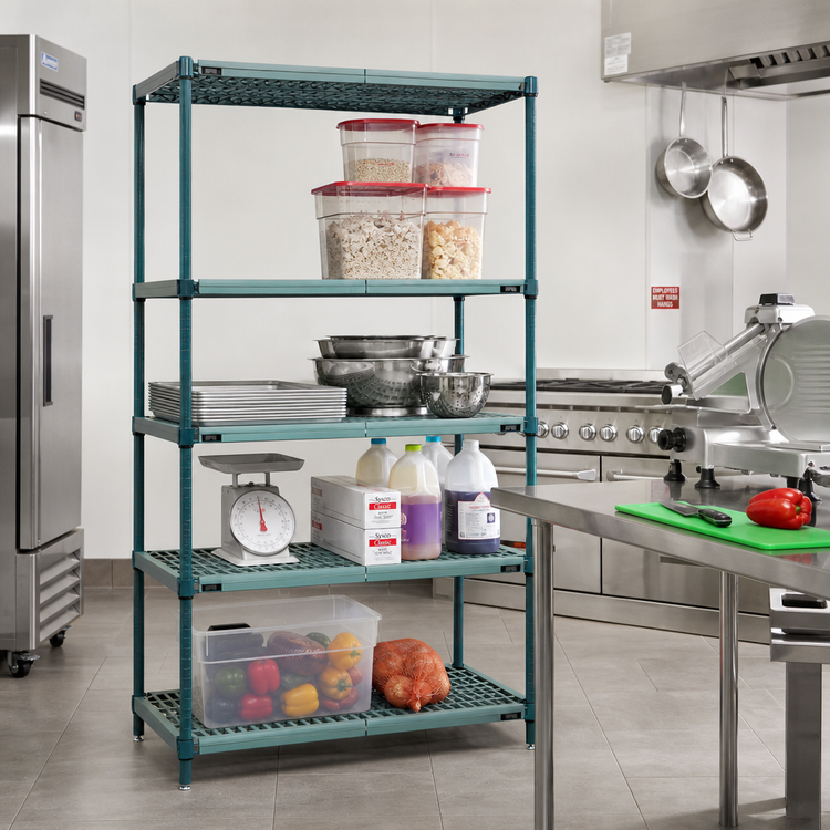 Product image #2 for Quantum Stationary Wire Plastic Mat Shelving Unit, 4-Tier, 24 W x 14 D x 63 H, Green Epoxy Coated