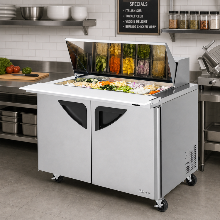 Product image #2 for Turbo Air Super Deluxe 48-Inch 2-Section Sandwich/Salad Mega Top Refrigerated Prep Table with 18-Pan Opening