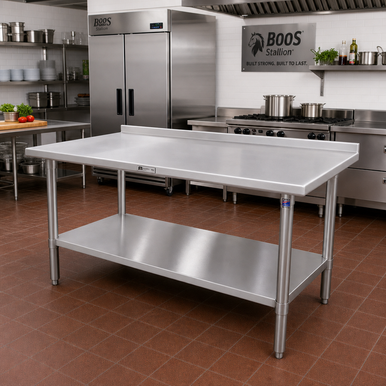 Product image #2 for John Boos Stallion 120"W x 30"D 16 Gauge 300 Series Stainless Steel Work Table with 1-1/2" Rear Up-Turn, Stallion Safety Edge, and Adjustable Undershelf