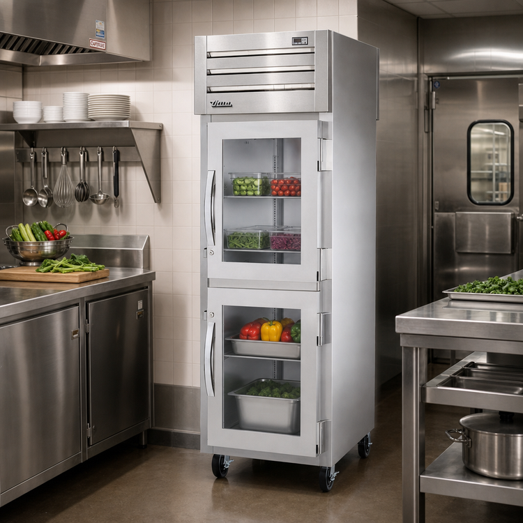 Product image #2 for True SPEC SERIES One-Section Pass-Thru Reach-In Refrigerator with 2 Glass Half Doors on the Front and 1 Stainless Steel Door on the Rear