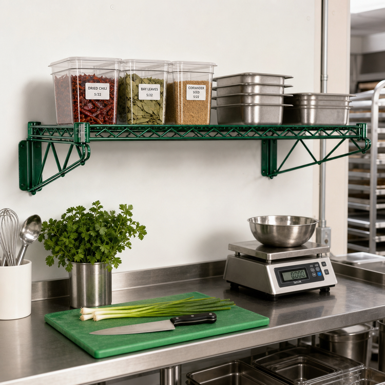 Product image #2 for Quantum Wall-Mount Cantilever Wire Shelf Unit, 42 x 21 Inches, Green Epoxy Antimicrobial Finish