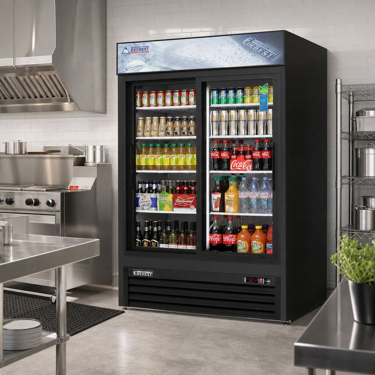 Product image #2 for Everest Refrigeration EMGR48B Two-Section Sliding Glass Door Merchandiser Refrigerator, 48 Cu. Ft., Black