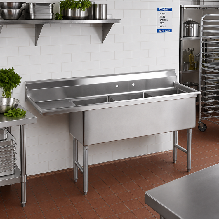 Product image #2 for 3-Compartment Fabricated Sink with 18-Inch Left Drainboard, 68-1/2 x 26 Inch, 14-Gauge 304 Stainless Steel