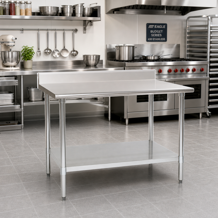 Product image #2 for Eagle Budget Series 48"W x 36"D 430 Stainless Steel Work Table with 4-1/2" Backsplash and Undershelf