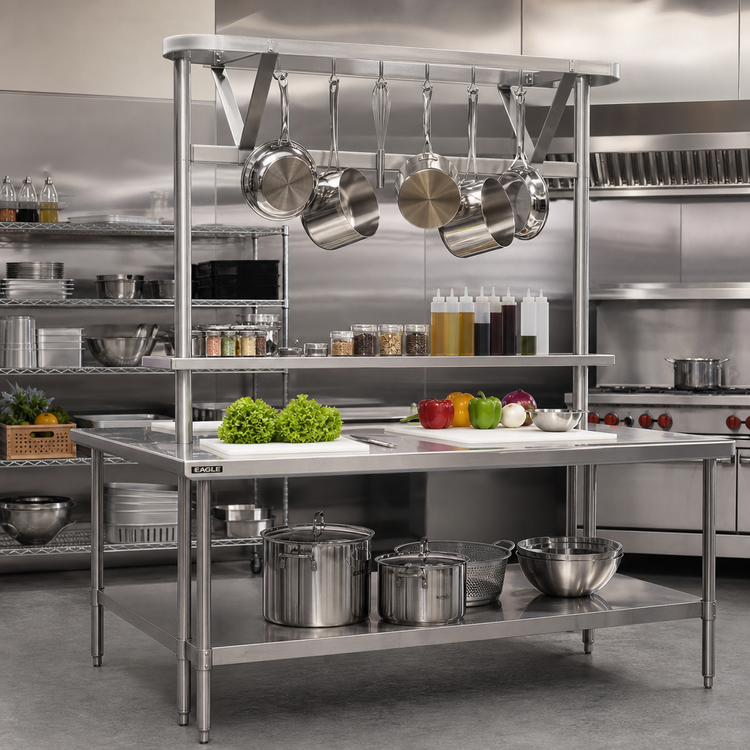 Product image #2 for Eagle Group TM96PR Stainless Steel Table-Mounted Triple-Bar Pot Rack for 96-Inch Tables