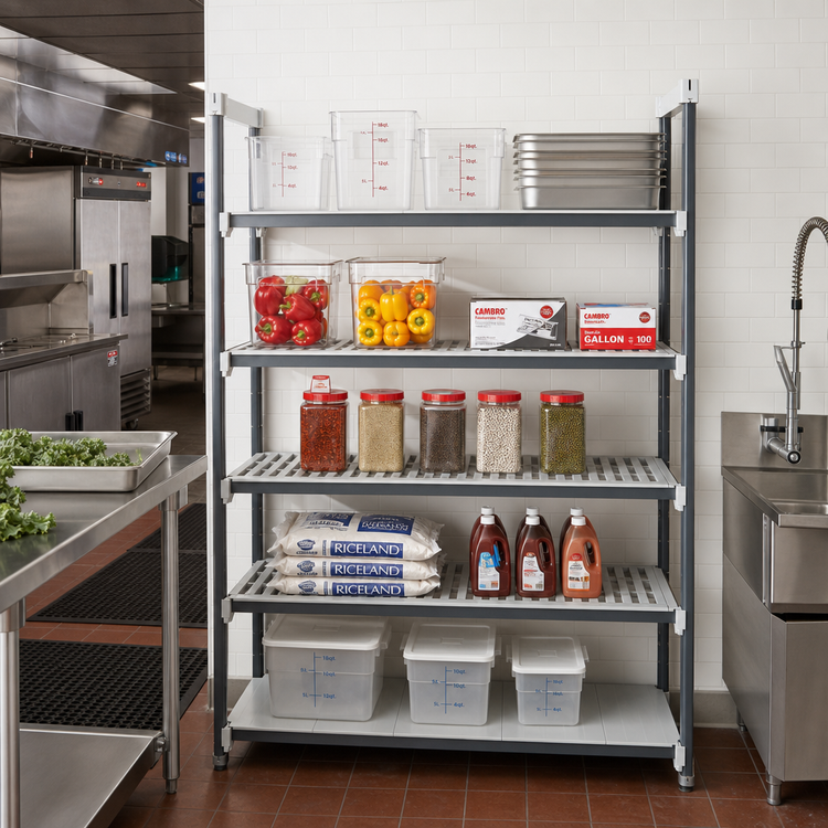 Product image #2 for Cambro Camshelving® Elements XTRA 24" x 24" x 84" Stationary Add-On Polymer Shelving Unit, 5-Tier, Vented and Solid, Speckled Gray