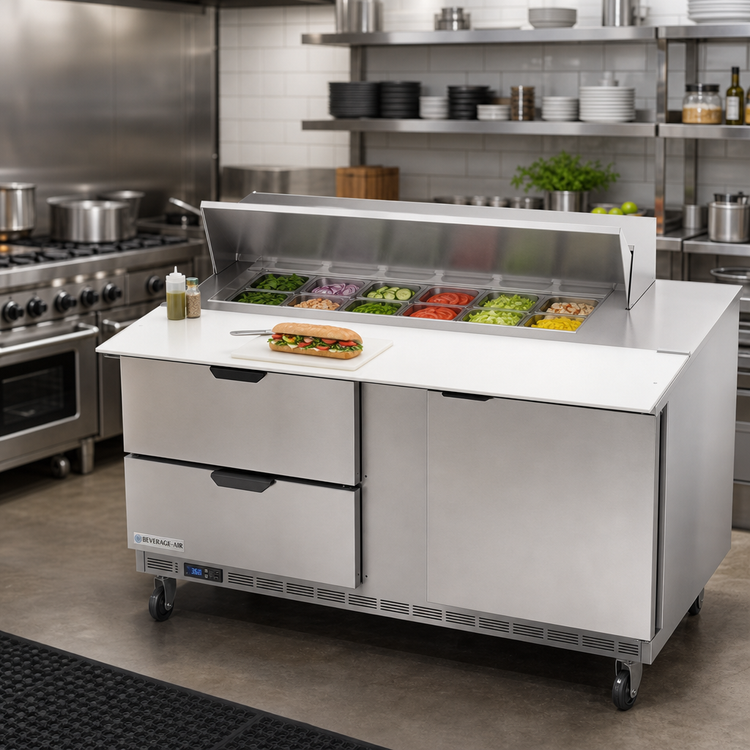 Product image #3 for Beverage-Air SPED60HC-12C-2 60-Inch Two-Section Sandwich Prep Table with 12-Pan Cut Top, 2 Drawers, and 1 Door