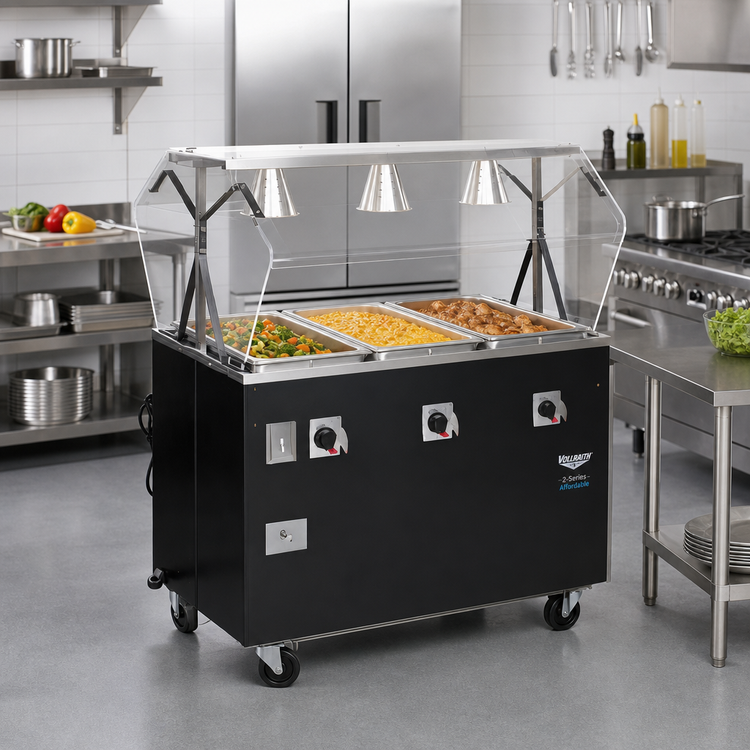 Product image #2 for Vollrath 2-Series Affordable Portable 3-Well Mobile Hot Food Station Deluxe with Buffet Breath Guard, Lights, and Enclosed Storage Base, 120V