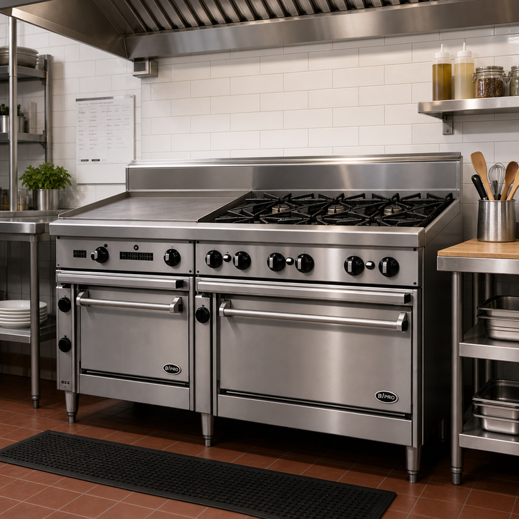 Product image #2 for Bistro 60-Inch Gas Restaurant Range with 4 Open Burners, 36-Inch Griddle, 24-Inch Space-Saver Oven and 36-Inch Oven