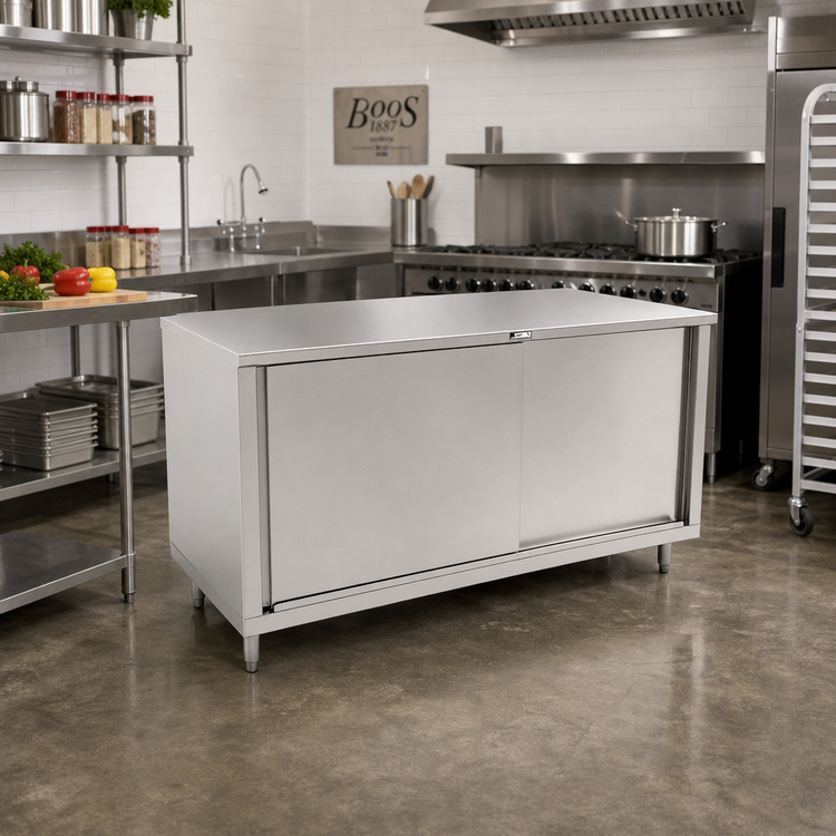 Product image #2 for John Boos Enclosed Work Table with Sliding Doors, 48 x 30 Inches, 16/300 Stainless Steel Flat Top