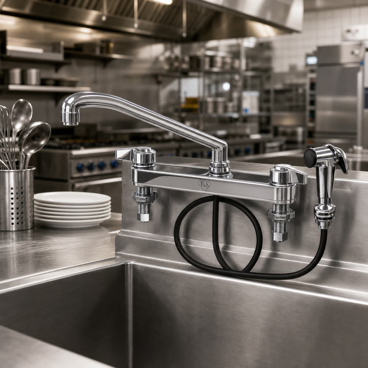 Product image #2 for T&S Deck Mount Pre-Rinse Faucet with 8-Inch Centers, 8-Inch Swing Spout, and Spray Arm
