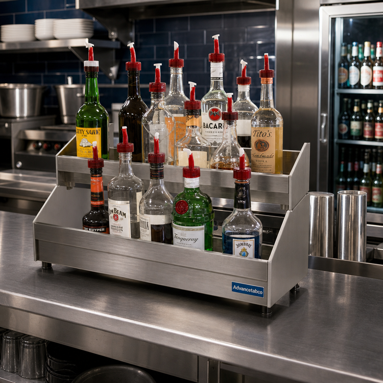 Product image #2 for Advance Tabco Underbar Basics Heavy Duty Double-Tier Stainless Steel Speed Rail, 36 Inch, 18-20 Bottle Capacity