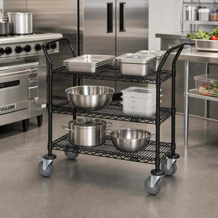 Product image #2 for Quantum 42" x 24" Black Epoxy 3-Shelf Wire Utility Bus Cart
