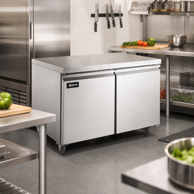 Product image #2 for Omcan 8.7 Cu. Ft. Two-Section Undercounter Reach-In Freezer with Rear-Mount Self-Contained Refrigeration