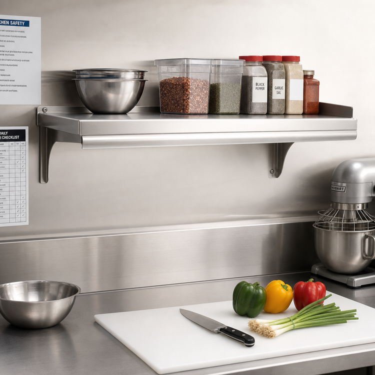 Product image #2 for Eagle Group Snap-n-Slide 24"W x 12"D Wall-Mounted Shelf, Rolled Front Edge, 16/430 Stainless Steel