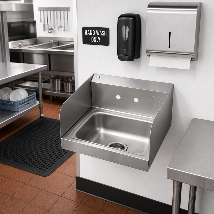Product image #2 for T&S Brass Wall-Mounted Stainless Steel Hand Sink with Backsplash, Side Walls, and 3-1/2 Inch Drain, 16-5/8 x 13-5/8 x 19 Inch, Faucet Not Included
