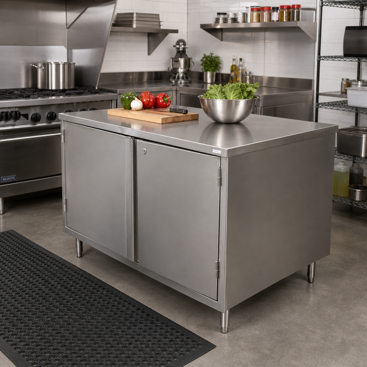 Product image #2 for BK Resources 60 Inch x 36 Inch Stainless Steel Chef Table with Cabinet Base and Hinged Doors