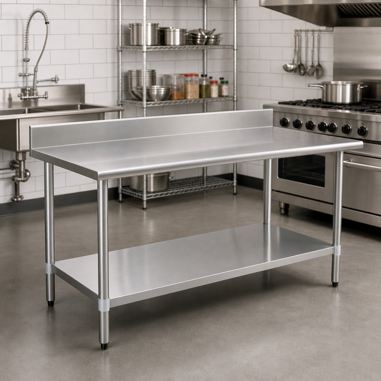 Product image #2 for Eagle Group Budget Series 84" x 30" 430 Stainless Steel Work Table with 4-1/2" Backsplash, Undershelf and Rolled Front Edge