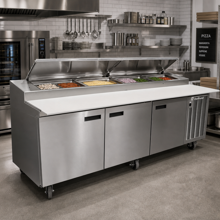 Product image #2 for Delfield LiquiTec 72-Inch Two-Section Refrigerated Pizza Prep Table with Raised Rail