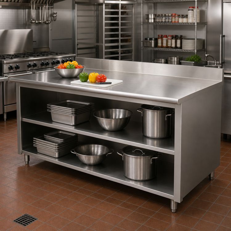 Product image #2 for Advance Tabco 96-Inch x 30-Inch Stainless Steel Work Table with Open Front Cabinet Base, Mid-Shelf, and 5-Inch Backsplash