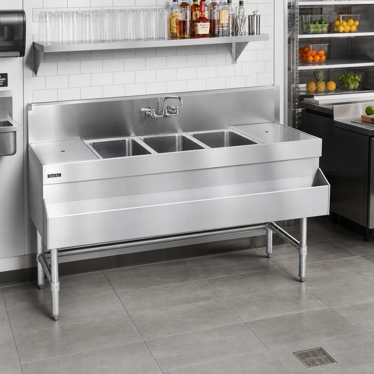 Product image #2 for Spec-Bar 3-Compartment Underbar Sink Unit with 24-Inch Right Drainboard, 60W x 24D x 37H