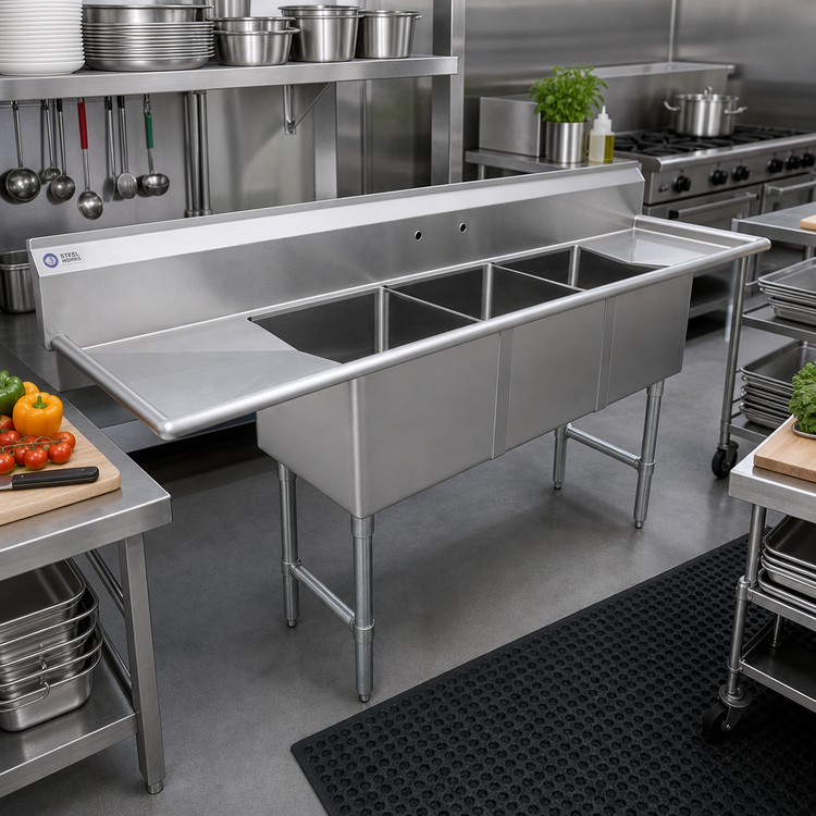 Product image #2 for Steel Works Stainless 18-Gauge 304 Stainless Steel Three Compartment Sink with Left & Right Drainboards
