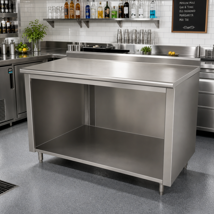 Product image #2 for Advance Tabco 120 x 36-Inch Underbar Open Front Cabinet Base Work Table with 14 Gauge 304 Stainless Steel Top and 1-1/2-Inch Rear Up-Turn
