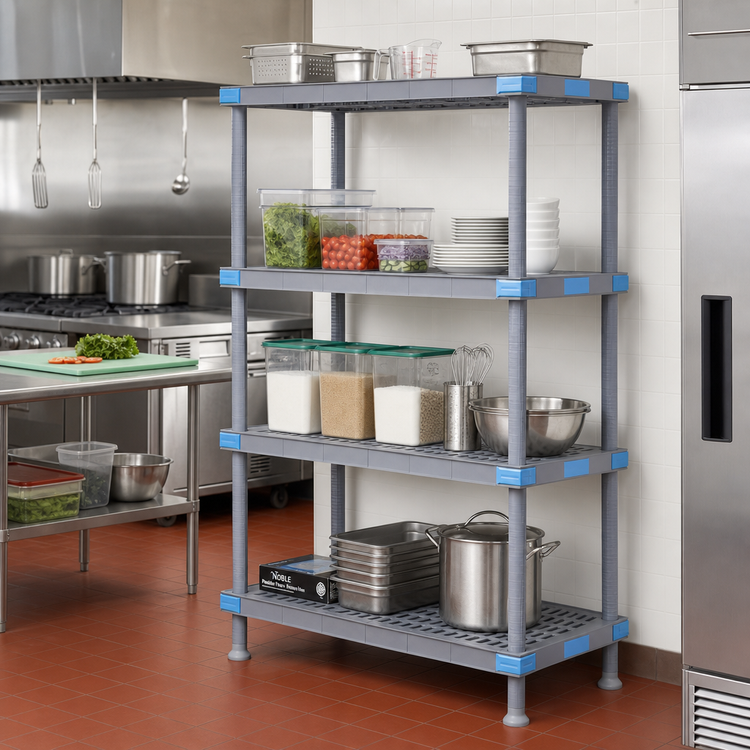 Product image #2 for Millenia Polymer Stationary Starter Shelving Unit with 4 Open Grid Shelves, 48"W x 21"D x 86"H, Gray