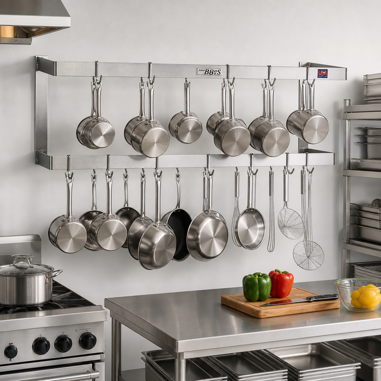 Product image #2 for John Boos 120-Inch Wall-Mount Double-Bar Stainless Steel Pot Rack with 20 Double Hooks