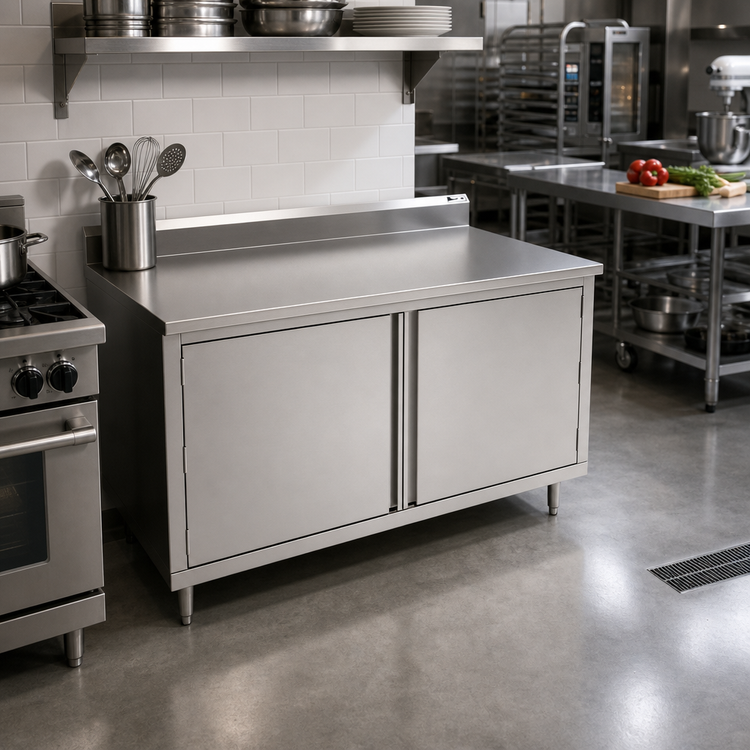 Product image #2 for John Boos 48-Inch x 36-Inch Stainless Steel Cabinet Base Work Table with Hinged Doors and 5-Inch Backsplash