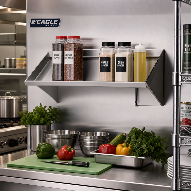 Product image #2 for Eagle Group Wall-Mounted Slanted Solid Rack Shelf, 21 Inch, 304 Stainless Steel, Right-Side Drip Tube