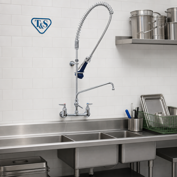 Product image #2 for T&S Brass EasyInstall 8-Inch Wall Mount Pre-Rinse Unit with Add-On Faucet, 10-Inch Swing Nozzle, and 0.65 GPM Spray Valve